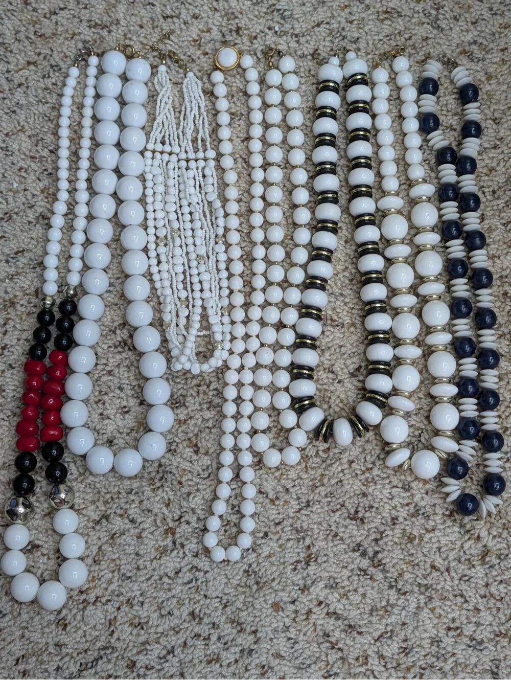 Vintage White Plastic Bead Necklace Lot Set 8 Mid Century Monochrome Modernist